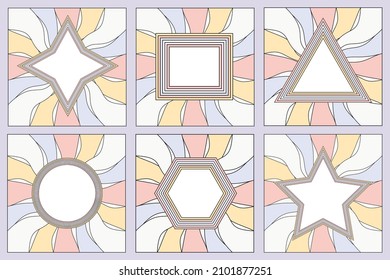 set of rainbow frames in 1970s hippie style. patterns retro vintage 70s groove. collection of round frame, star, rhombus and square. vector illustration design isolated