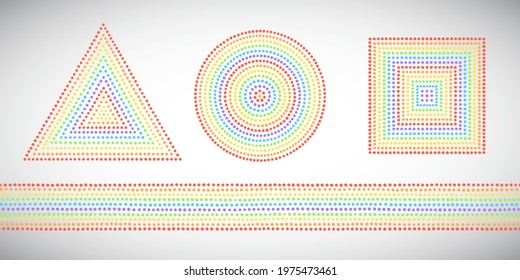 Set of rainbow geometric dot shapes, graphic design elements, frame or border templates. Dotted triangle, square, circle shapes. Colorful lgbt text backgrounds made of dots, hand drawn round blobs.