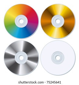 Set of Rainbow, Gold, Silver and White Blank CDs. Vector Illustration