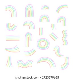 Set of rainbow hand-drawn. Collection of drawing cartoon pastel tone. Element of doodle, scribble style isolated on white background. Different shapes. Vector illustration.