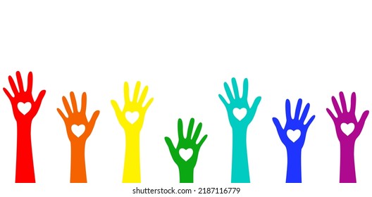 set of rainbow hands with hearts flat vector illustration isolated on white background