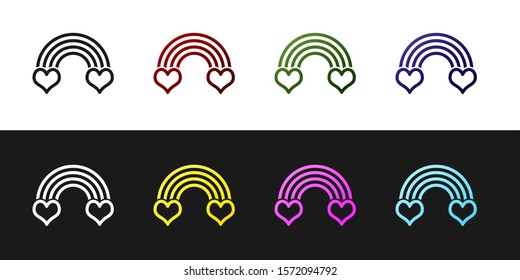 Set Rainbow with heart icon isolated on black and white background.  Vector Illustration
