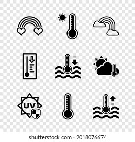 Set Rainbow with heart, Meteorology thermometer, clouds, UV protection, Water,  and  icon. Vector