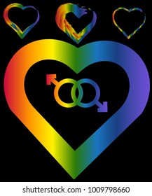 A set of rainbow hearts. The concept of freedom to choose a partner for relationships, homosexuality. Badges of relations between two women and two men