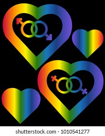 A set of rainbow hearts. The concept of freedom to choose a partner for relationships, homosexuality. Badges of relations between two women and two men