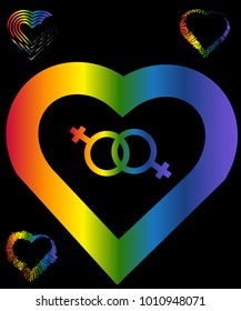 A set of rainbow hearts. The concept of freedom to choose a partner for relationships, homosexuality. Badges of relations between two women and two men