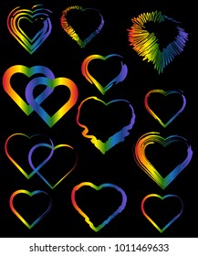 A set of rainbow hearts. The concept of freedom to choose a partner for relationships, homosexuality. Badges of relations between two women and two men