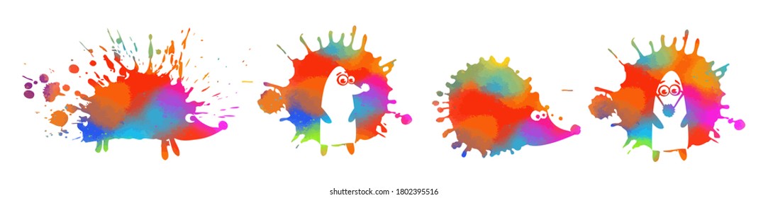 Set of rainbow hedgehogs. A multicolored abstract hedgehog. Vector illustration