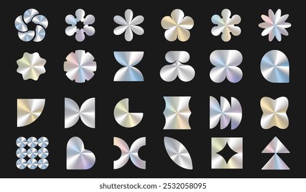 a set of rainbow holographic stickers of different shapes on a dark background. Vector illustration