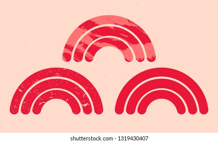 Set of rainbow icon in grunge texture. Silhouette of symbol in vintage style. Vector illustration