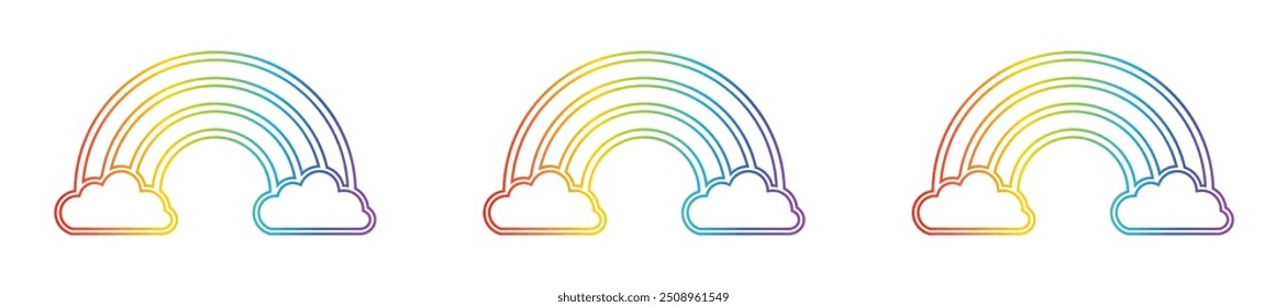 Set of rainbow icon on white background. Clouds and rainbow icon set in line style. Outline, flat, color, gradient. Editable stroke. Vector illustration.