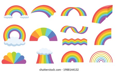 Set of rainbow illustrations in cartoon style. Cute childish icons of rainbow with clouds on white background. Good weather symbol. Weather concept for advertisement of banners design