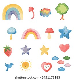 Set of rainbow images drawn in watercolor on a white background
