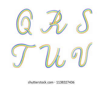 Set of rainbow latin alphabet letters Q, R, S, T, U, V. Artistic vector font isolated on white. Elements for design.