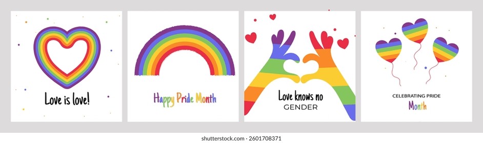 A set of rainbow LGBT Pride Month cards. Rainbow LGBT flag,Love is love! , Love knows no gender. Vector symbol of support for Pride Month