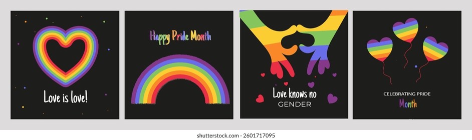  A set of rainbow LGBT Pride Month cards on a black background. Rainbow LGBT flag,Love is love! , Love knows no gender. Vector symbol of support for Pride Month