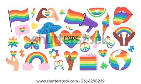Set of rainbow LGBTQ elements. Pride month stickers. Hand drawn vector illustration.