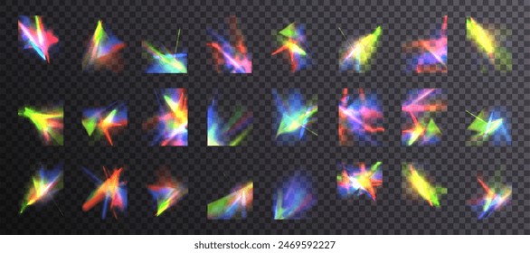 Set of rainbow light distortion effects. Abstract diamond caustics, lens light effects and a colorful set of crystal lens flare vector overlays. Glowing bright rays and colorful light effects. Vector 
