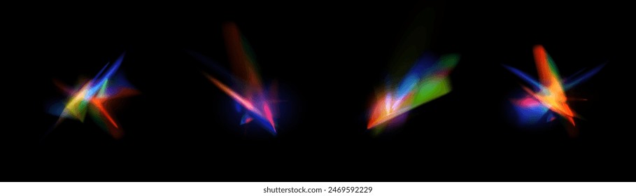 Set of rainbow light distortion effects. Abstract diamond caustics, lens light effects and a colorful set of crystal lens flare vector overlays. Glowing bright rays and colorful light effects. Vector 