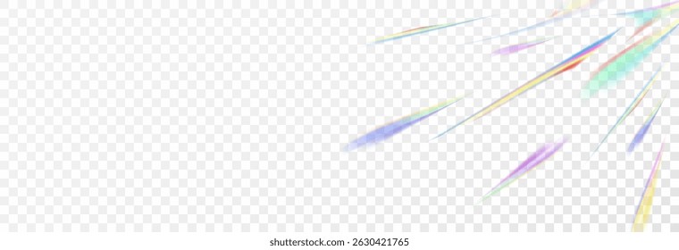 Set of rainbow light flares, reflection effect, falling confetti. Light rainbow lights with transparent effect, sparkling prism, stripe overlay, vector, png.