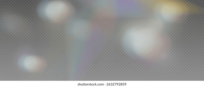 Set of rainbow light flares, reflection effect, falling confetti. Light rainbow lights with transparent effect, sparkling prism, stripe overlay, vector, png.