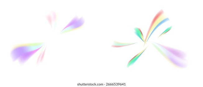 Set of rainbow light flares, reflection effect, falling confetti. Light rainbow lights with transparent effect, sparkling prism, stripe overlay, vector, png.