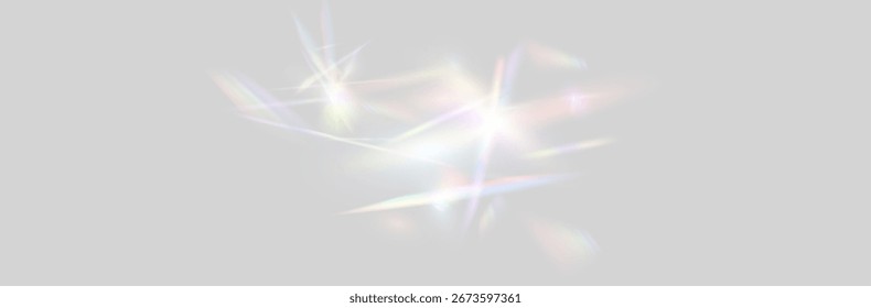 Set of rainbow light flares, reflection effect, falling confetti. Light rainbow lights with transparent effect, sparkling prism, stripe overlay, vector, png.