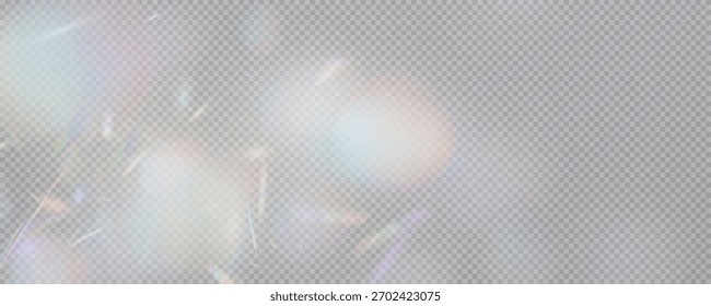 Set of rainbow light flares, reflection effect, falling confetti. Light rainbow lights with transparent effect, sparkling prism, stripe overlay, vector, png.