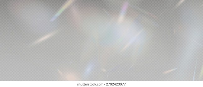 Conjunto de destellos de luz del arco iris, efecto de reflexión, caída de confeti. Luces de arco iris ligero con efecto transparente, prisma brillante, superposición de rayas, Vector, png.