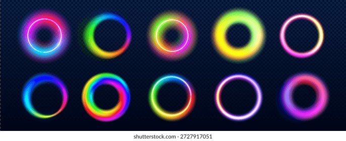 Conjunto de círculos de halo de luz de arco iris aislados sobre fondo transparente. Ilustración realista de Vector de anillos de color neón que brillan en marcos oscuros y redondos del avatar, decoración vibrante del led para la fiesta de la discoteca
