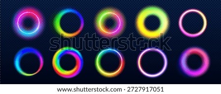 Set of rainbow light halo circles isolated on transparent background. Vector realistic illustration of neon color rings glowing in dark, round avatar frames, vibrant led decoration for disco party