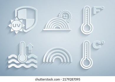 Set Rainbow, Meteorology thermometer, Water, with sun and UV protection icon. Vector