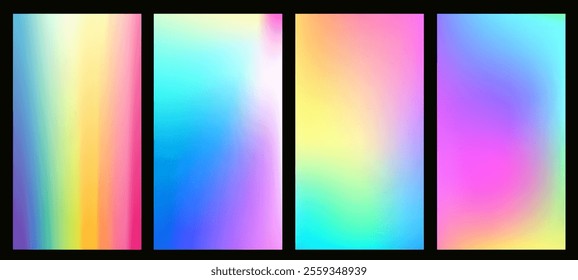 Set of rainbow ombre gradient pattern with pastel texture. Soft hologram blur and neon aura in modern digital wallpaper. Surreal vibrant design with radiant liquid and graphic elements.