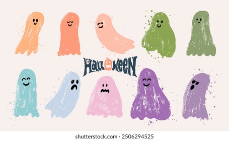 Set of rainbow pastel ghost, watercolor vector Illustration. Halloween, Ghost, Ghouls, Wall Art, Gift. Trendy vector for Halloween. Spooky Season. Template baby creepy book characters for kids.