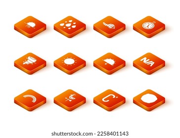 Set Rainbow, Rooster weather vane, Tornado, Sun, Celsius, Sunset, Moon and Not applicable icon. Vector