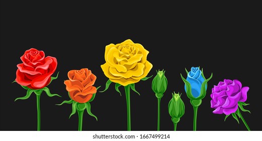 conjunto de rosas arcoiris sobre fondo negro. Ilustración vectorial en estilo de arte pop, banner horizontal