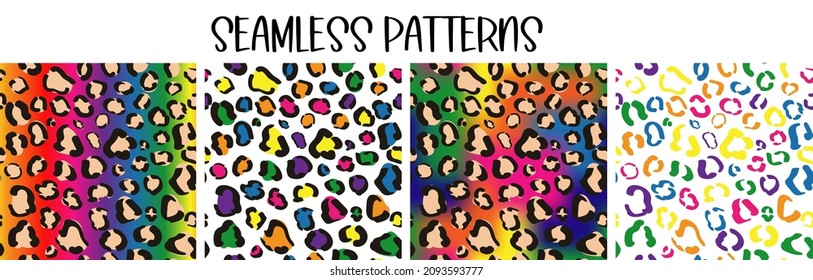 Set of rainbow seamless pattern with leopard print. Pride colorful wallpaper. Cheetah bright gradient background.