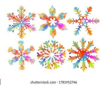 Set of rainbow snowflakes. A multi-colored abstraction of a snowflake. Merry Christmas. Mixed media. Vector illustration