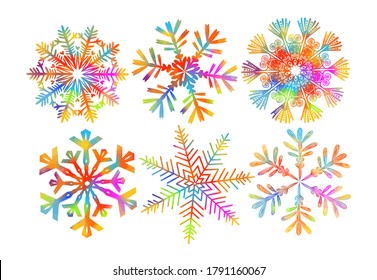 Set of rainbow snowflakes. A multi-colored abstraction of a snowflake. Merry Christmas. Mixed media. Vector illustration