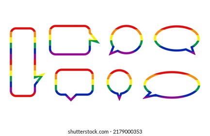 Set of rainbow speak bubble text, chatting box, message box outline cartoon vector illustration design. Balloon doodle style of Lgbtq+ symbol.