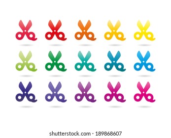 Set of rainbow spectrum colorful scissors. Vector graphic template. Isolated on white background.