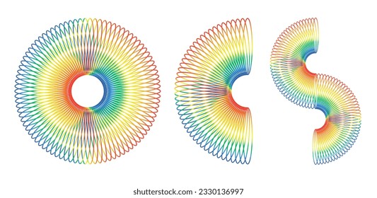 Set rainbow spiral spring toy. Children magic slinky spring. Colored plastic kid toy. Vector illustration