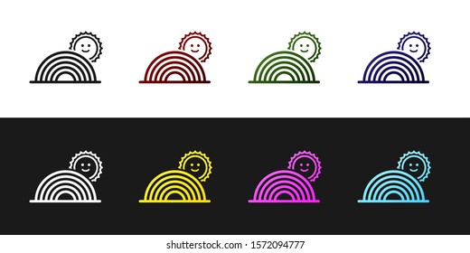 Set Rainbow with sun icon isolated on black and white background.  Vector Illustration