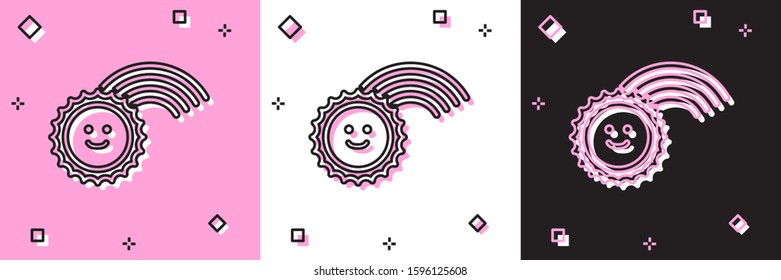 Set Rainbow with sun icon isolated on pink and white, black background.  Vector Illustration