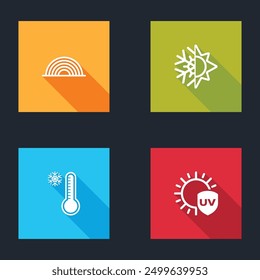 Conjunto de arco iris, sol y copo de nieve, termómetro de meteorología e icono de protección UV. Vector