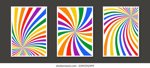 Set of rainbow sunburst prints. Abstract colorful poster collection. Geometric star burst psychedelic wallpapers pack. Pride month and lgbt rights concept templates bundle. Vector illustration.
