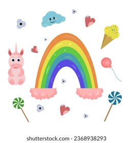 set with a rainbow, unicorn, lollipop and ice cream. Illustrations in Barbie style