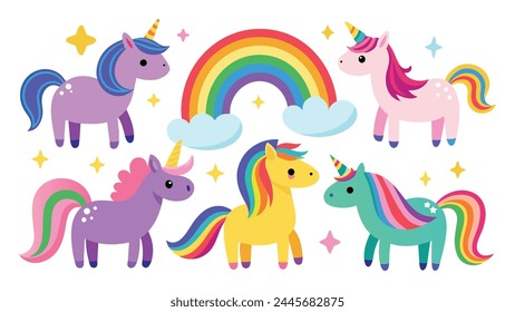 Set of Rainbow unicorn minimal isolated flat vector pro collection illustration on white background