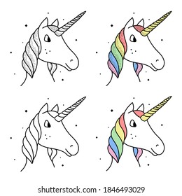 Set of rainbow unicorns in cartoon style isolated on white background.