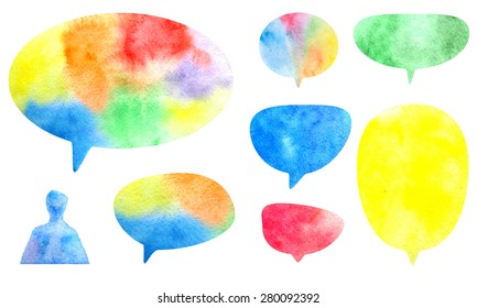Set of rainbow watercolor dialog bubbles, blobs for text with man silhouette, different shapes of bubbles